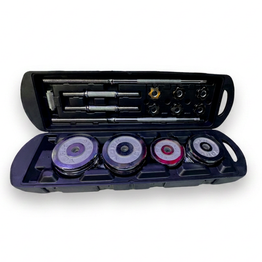 Set de Mancuernas Acero Inoxidable 50KG (maleta + barra + discos)